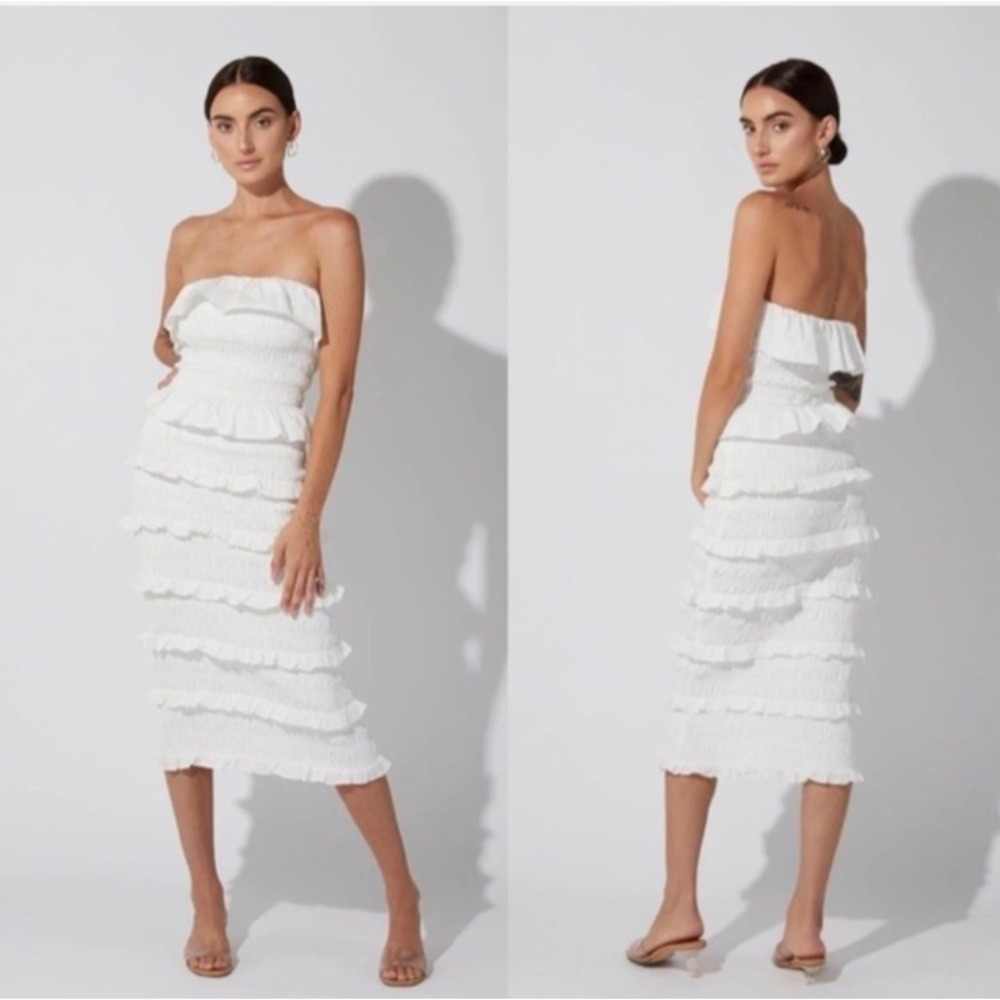 CLEOBELLA Dress Size Large White Smocked Ruffled‎ Elodie Strapless Midi